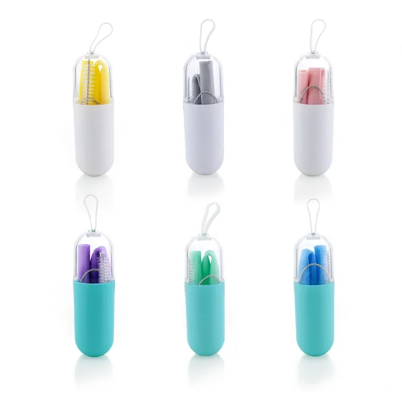 Reusable Silicone Drinking Straws Creative milk straws Sturdy Bent Straw Cleaning Brush Bar Party Accessory Solid Color