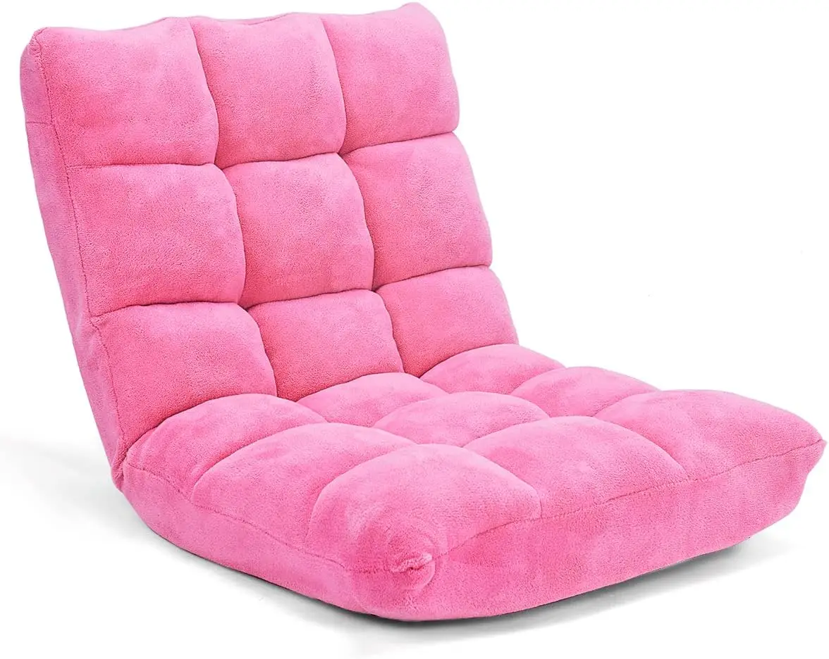 Floor Gaming Chair with 14 Adjustable Positions, Coral Velvet, Thick Padding for Adults - Pink