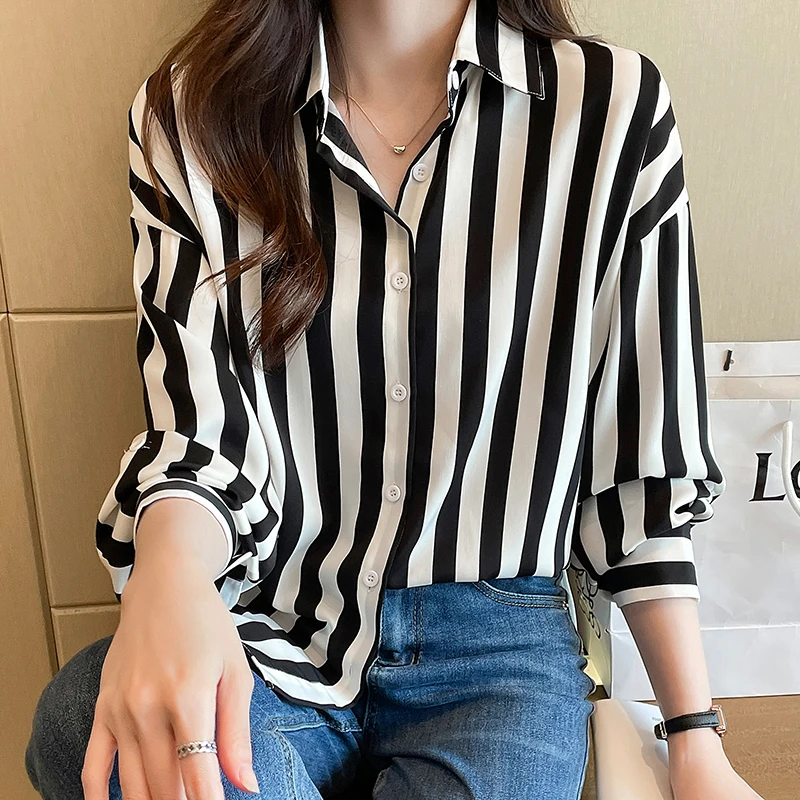 Women Spring Korean Loose Office Lady Striped Polo-Neck Long Sleeve Shirts Women Clothes Casual All-match Appear Thin Thin Tops