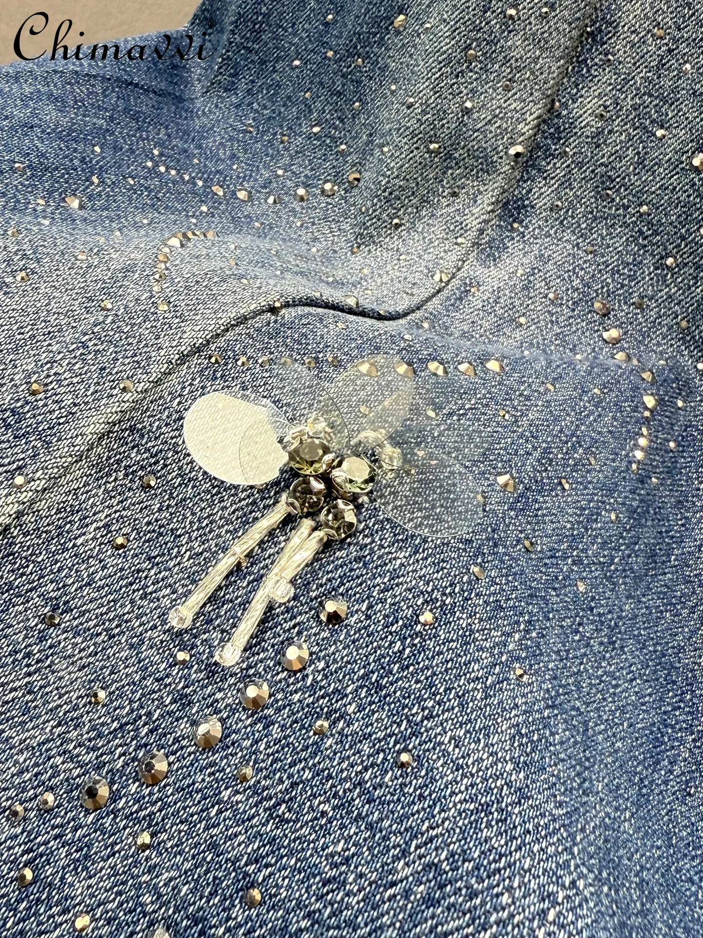 핫 라인스톤 청바지 여성 롱 팬츠 2025 가을 신상 하이웨이스트 루즈핏 유럽풍 헤비 와이드 레그 팬츠