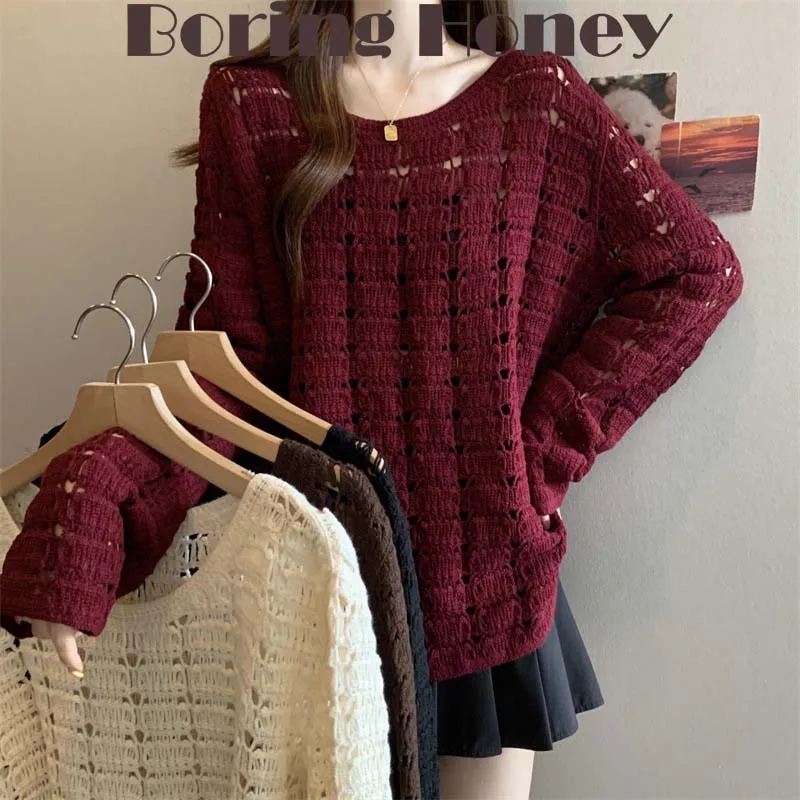 Boring Honey Large-Size French Crochet Openwork Sweater Feminine Lazy Wind Long-Sleeved Sunscreen Blouse Design Sense T-Shirt