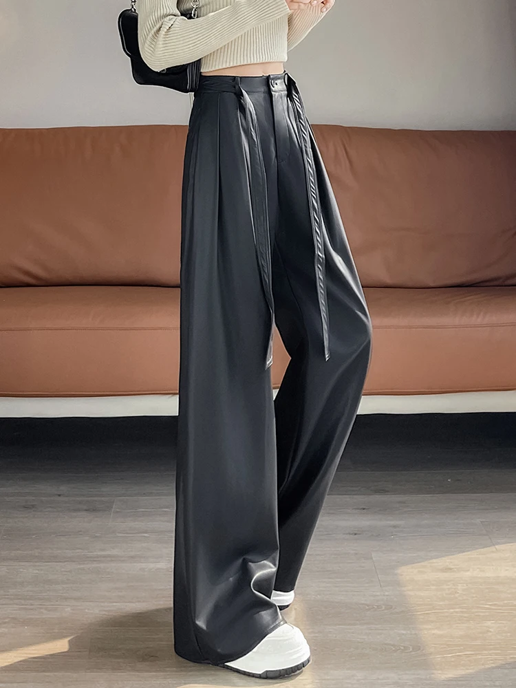 Korean Fashion Women High Waist Wide Leg PU Leather Palazzo Pants Culottes Black Pants Pocket Trousers Female 2025 New Outfits