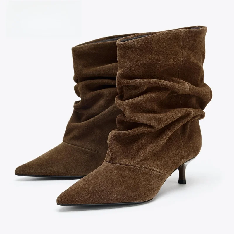 

Fall 2025 New Women's ort Boots Pleated Counterpane Leather Pointed Toe Heel ort Pile Faion Boots Winter Youth Size