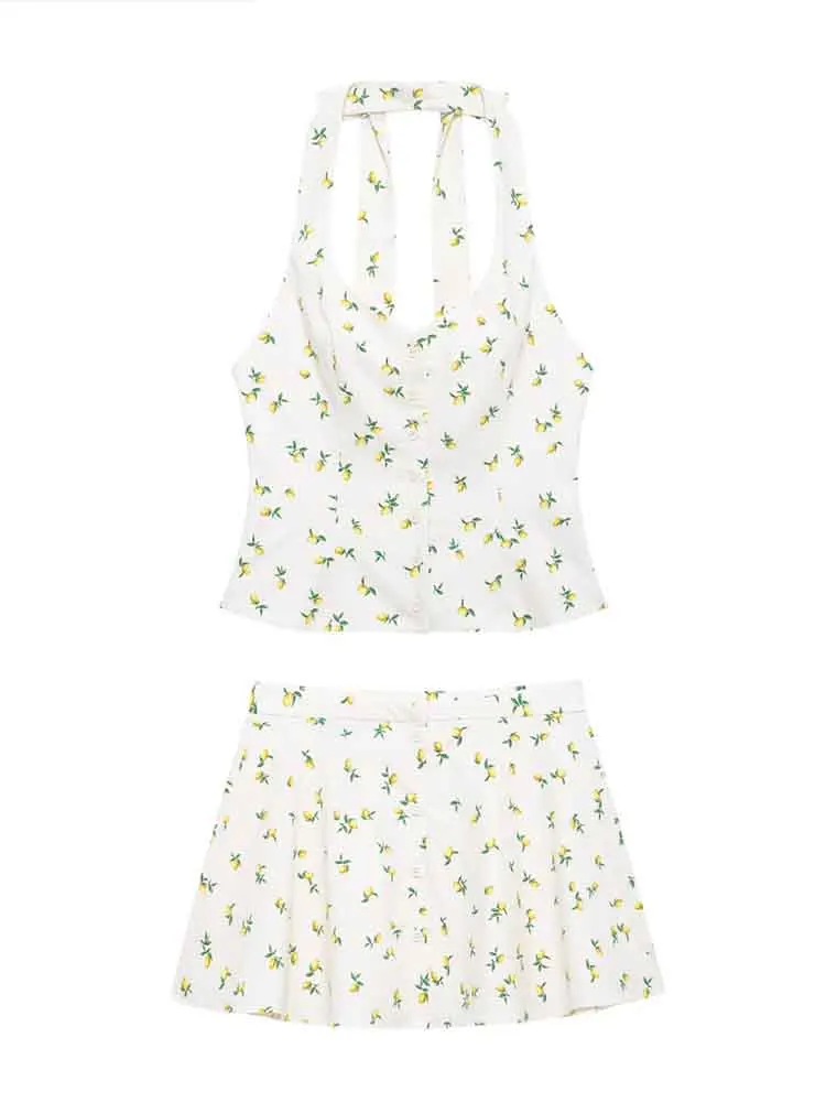 

European style new women's clothing fashionable and versatile temperament simple bowknot decoration print halter neck top skirt