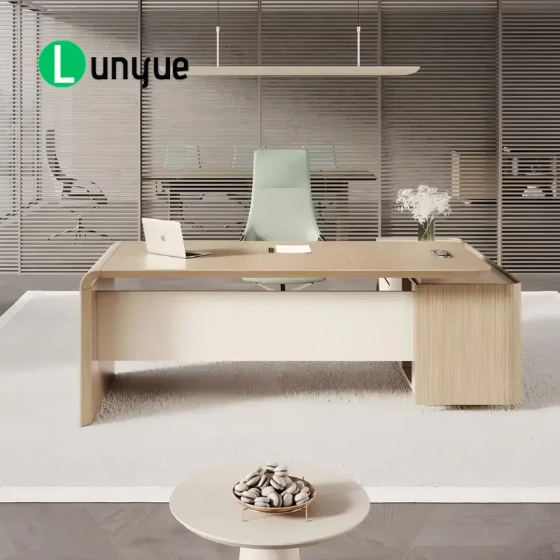 Modern L Shaped Executive Desk Curved Edge Silver Pear Wood MFC Board Office Manager Workstation with Side Locker Storage