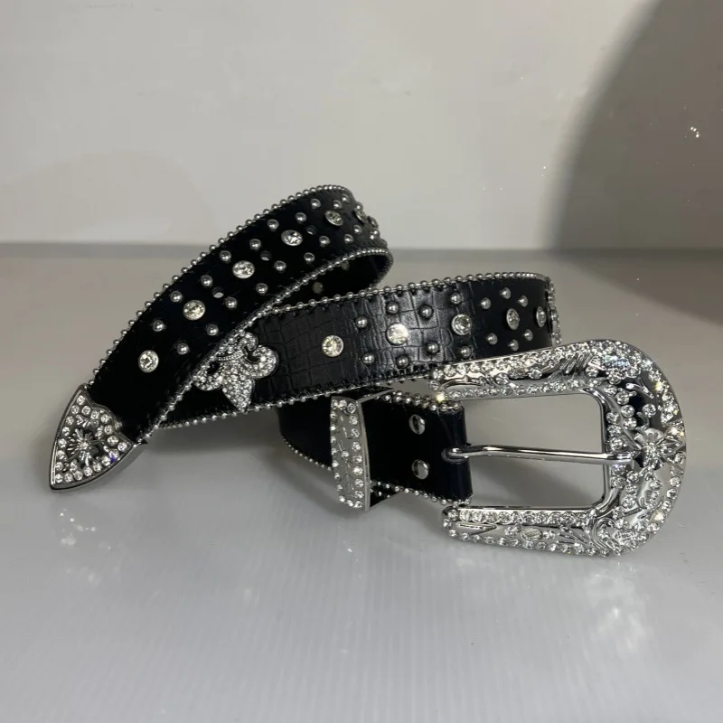 Cross Mirror Hot Inlaid Full Shiny Rhinestone European And American New Style Dot Rivet Belt Wholesale