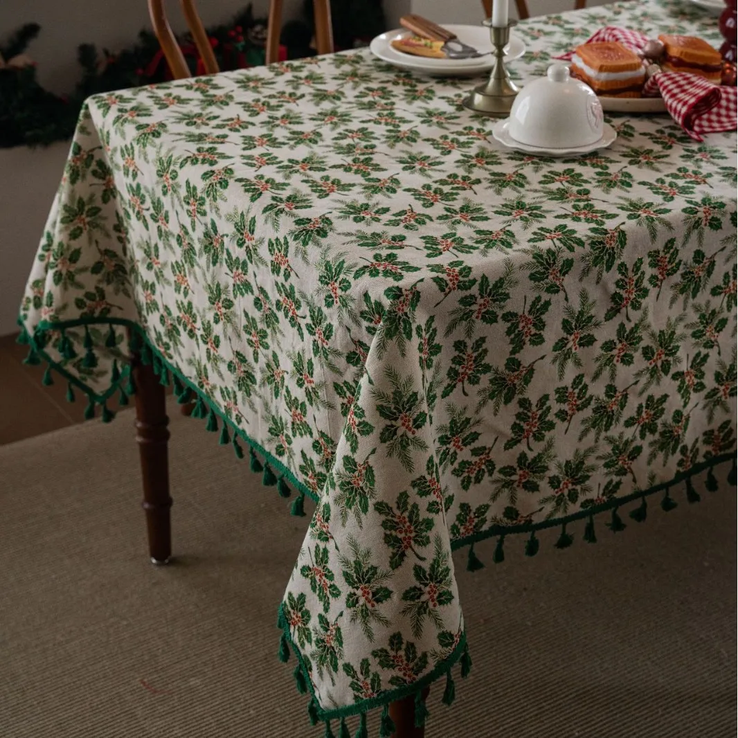Christmas Holly Leaf Gilded Tablecloth Berry Print Festive Tablecloth Cover Coffee Table Table Cloth Table Linen Christmas Decor