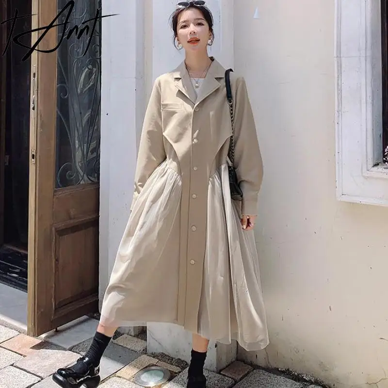 [tannt] Women Trench Coat Gauze Patchwork Asymmetry Apricot Windbreaker Irregular Fashion Long Trench Coat Women 2023 New