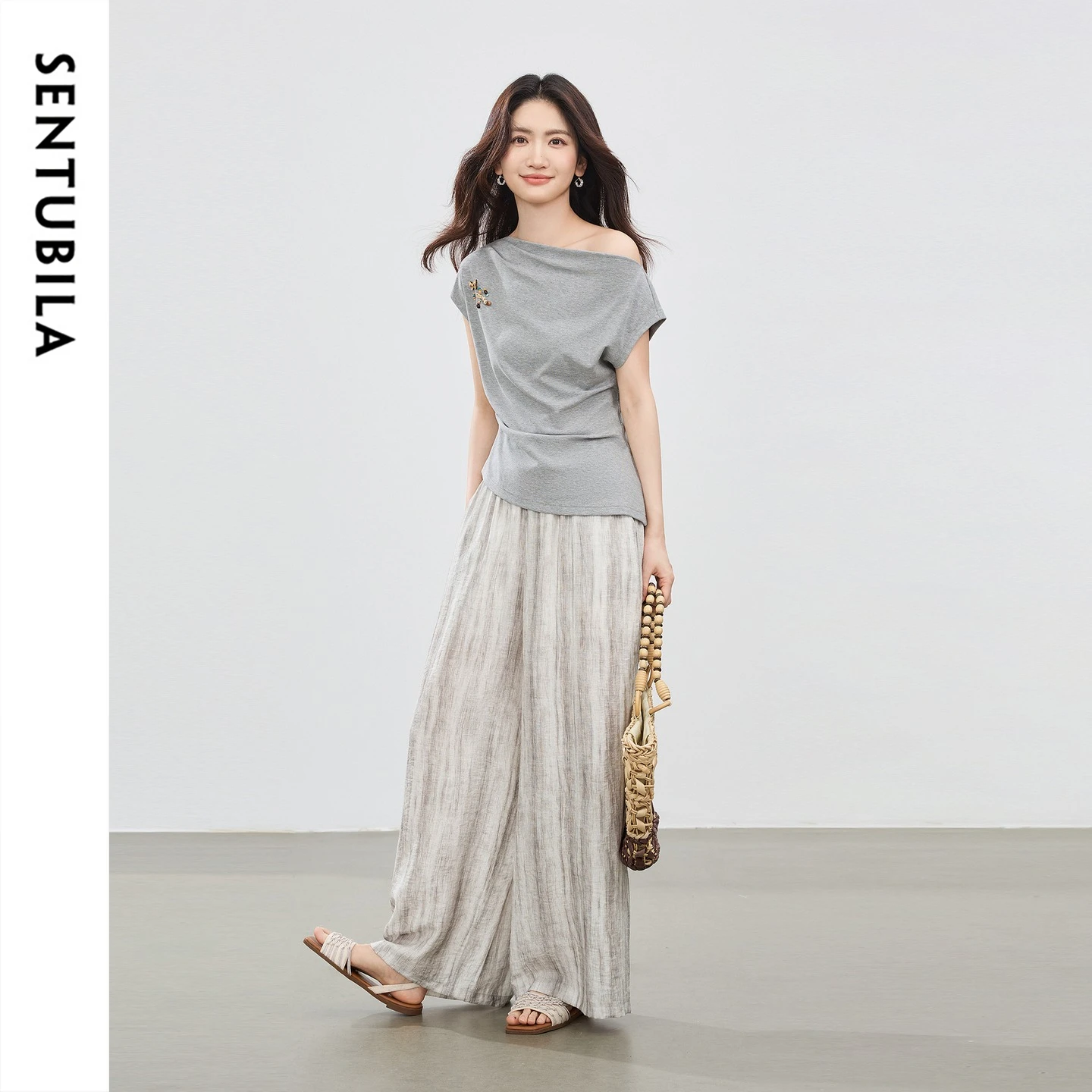

SENTUBILA 2026 Summer Women's Suit Two Piece Pant Sets Casual Cotton T-shirt Linen Wide Leg Pants Set Woman Clothes 162ZL6840