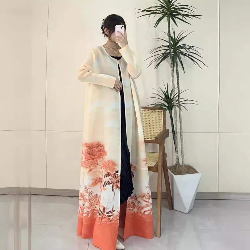 Miyake primavera moda donna girocollo aperto cappotto lungo elegante ed elegante abito Casual stile saudita