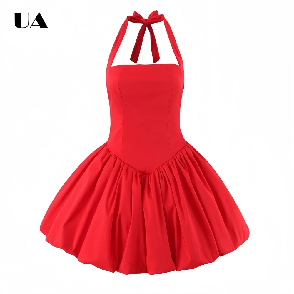 

Fashionable Fit-and-flare Tie Halterneck Mini Dress with Bubble Hem Hotsweet Sleeveless Lace-up Short Dress Vintage Ruched Dress
