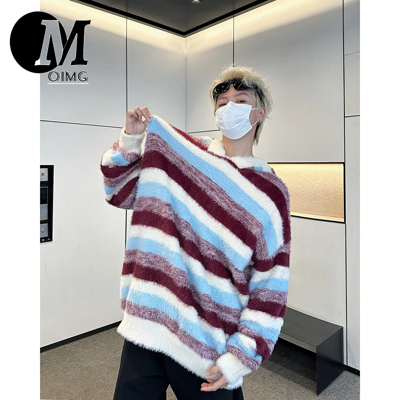 [OIMG] American Street Hooded Striped Faux Mink Fur Knitted Sweater Autumn Unisex Sweater