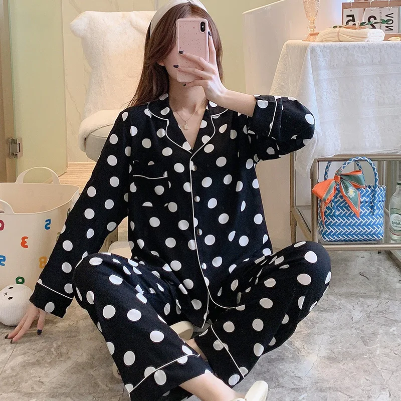 Spring Female Sleepwear Long Sleeved Long Pants Two-piece Set Thin Print Pajamas Lapel Collar Cotton Silk Home Clothing for Lady