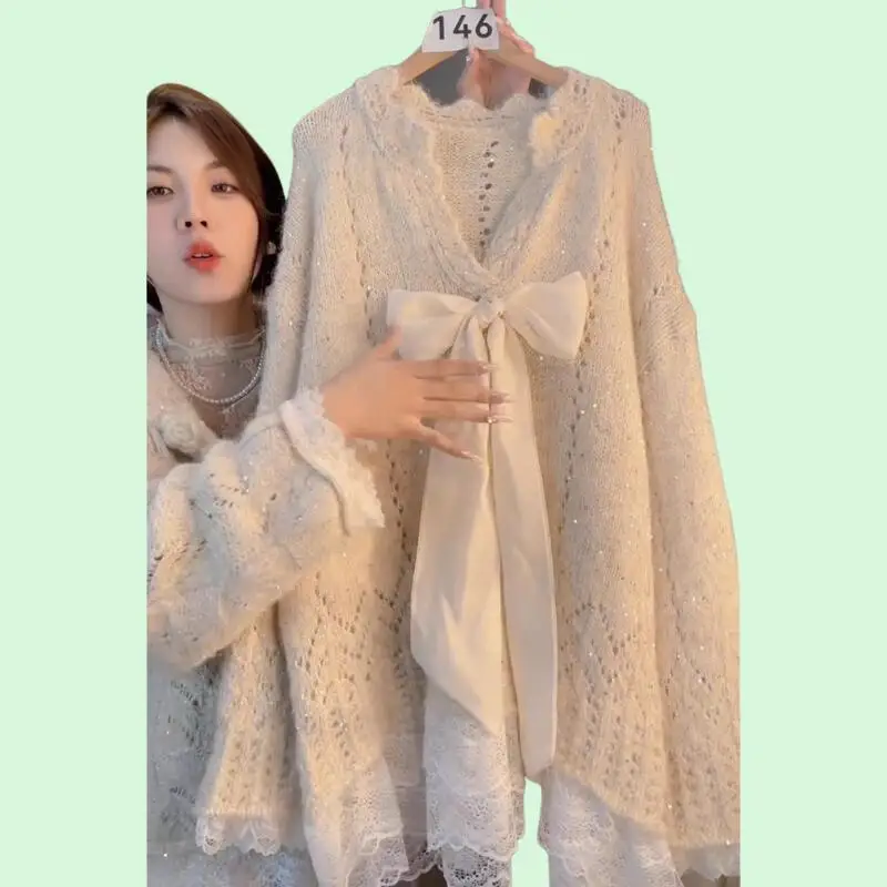 2026 Women Autumnwinter Sweet Western Style Bow Design Long Sweater Lazy Style Cute Soft Lace Splicingloose Comfort Knittedtops