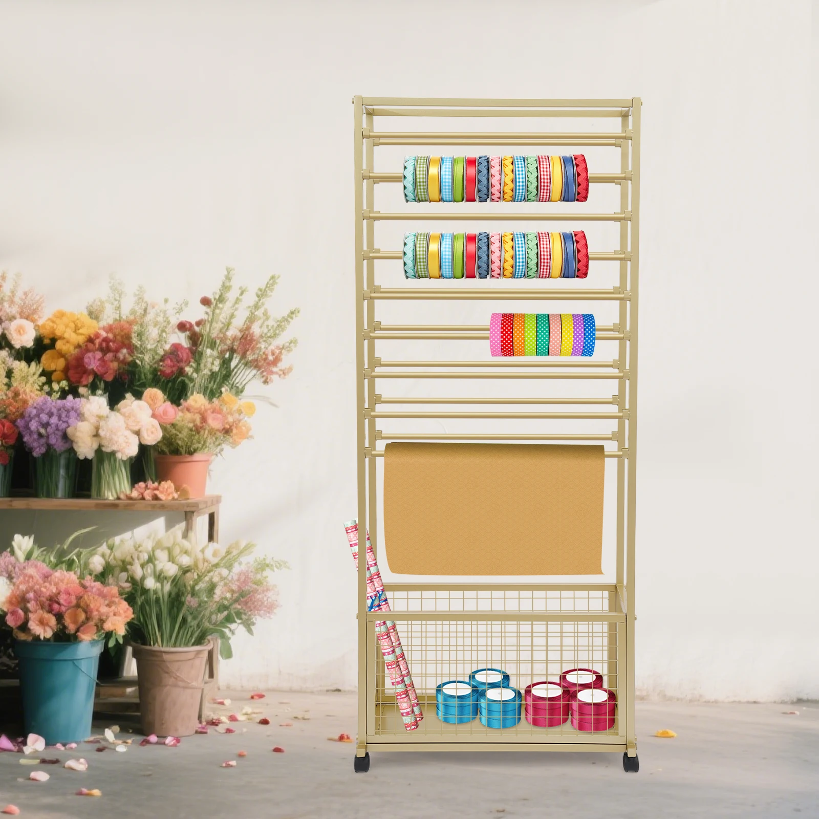 

Heavy Duty Metal Ribbon Holder Mobility Large Capacity Storage Rack for Ribbons/Wrapping Paper/Scarves/Shawls/Bandanas