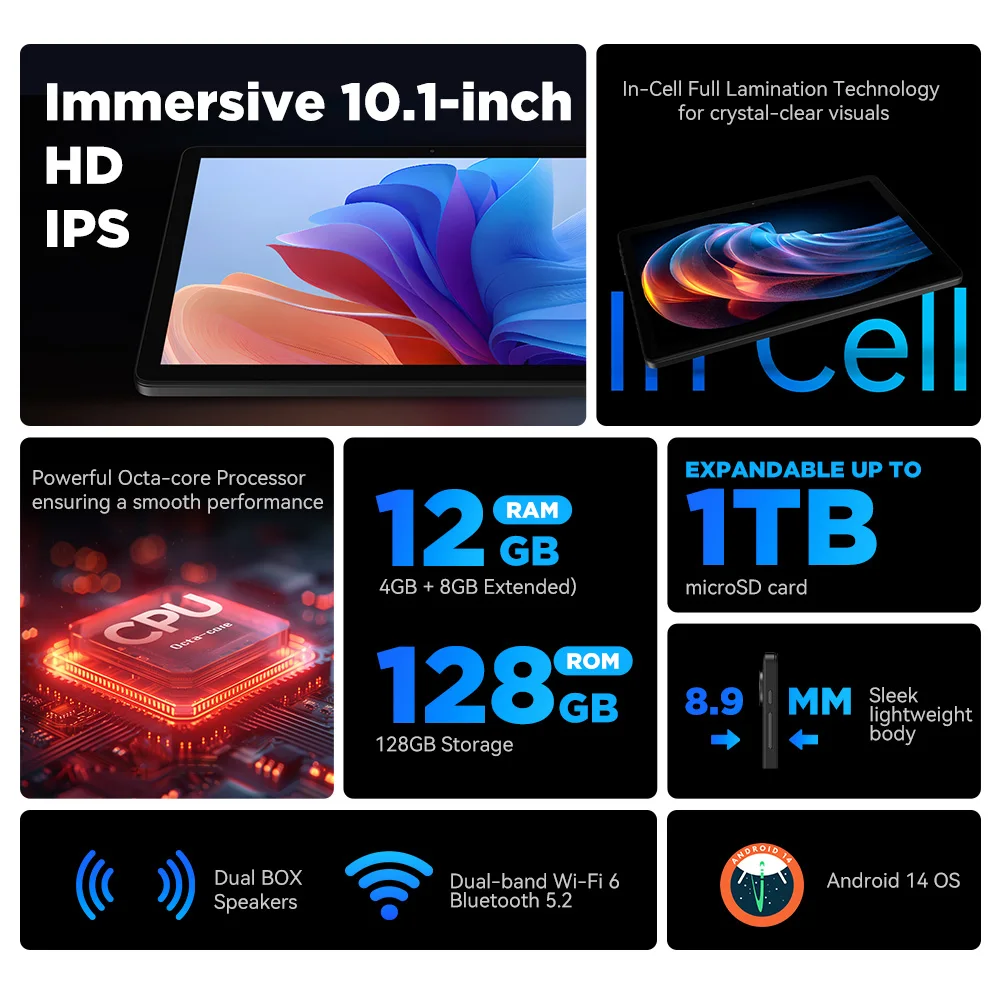 ALLDOCUBE iPlay 60S WiFi 6 Version 10.1inch Tablet PC 4GB+8GB RAM 128GB ROM Android 14 Smart Touch IPS Display 6200mAh Battery