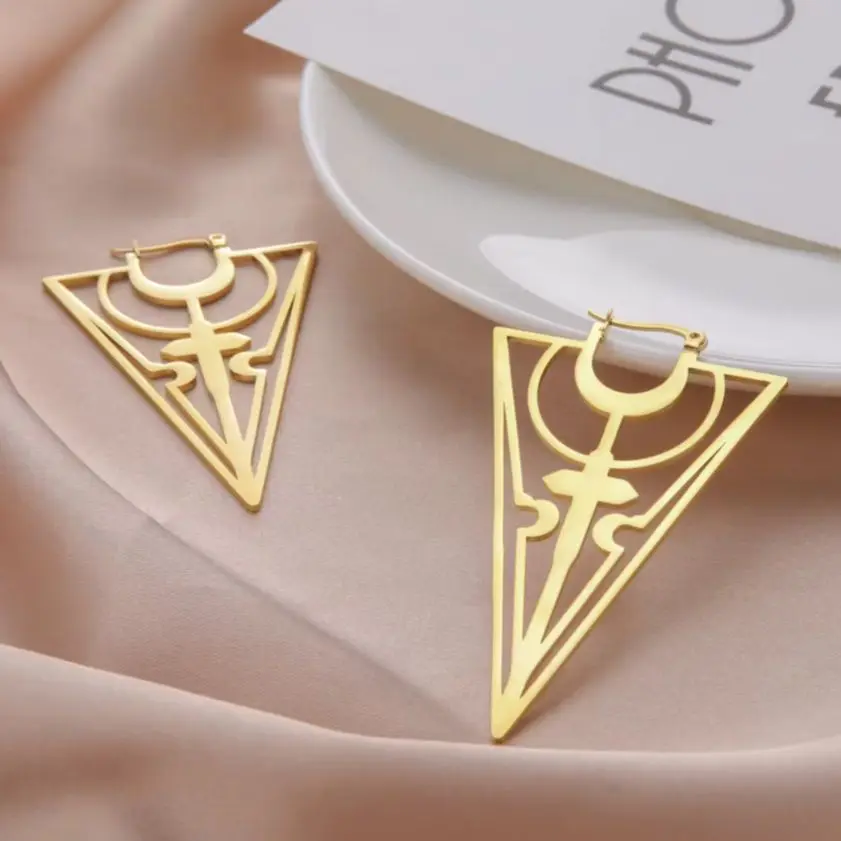 LIKGREAT Gothic Triangle Geometric Black Hoop Earrings For Women Stainless Steel Moon Drop Earrings Wicca Amulet Jewelry Gift