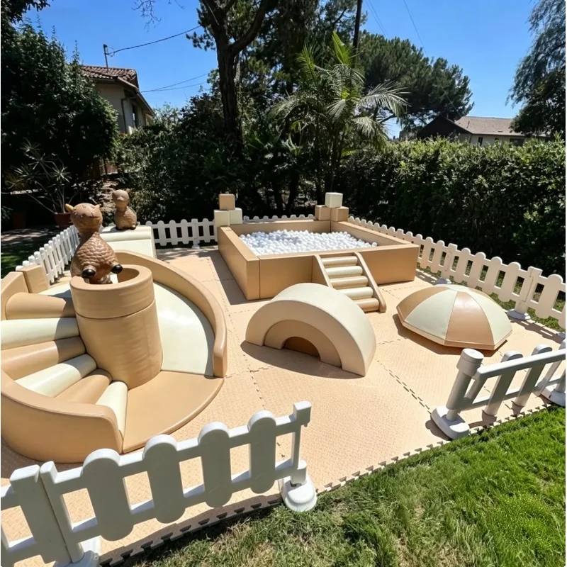 Beige Inflatable Bounce Castle With Soft Play Equipment Beige Set Foam Toddler Playground Round Ball Pit for Party Event Rental