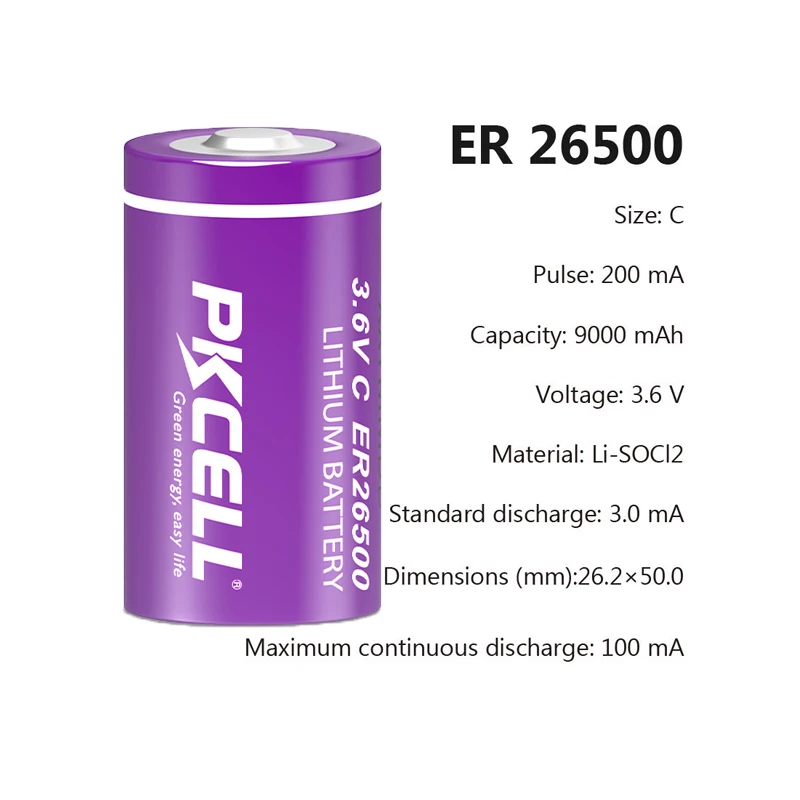 20PC PKCELL ER26500 C  3.6V Lithium Li-SOCl2 Battery with 9000mAh Superior LR14 R14P Batteries for water meter,electricity meter