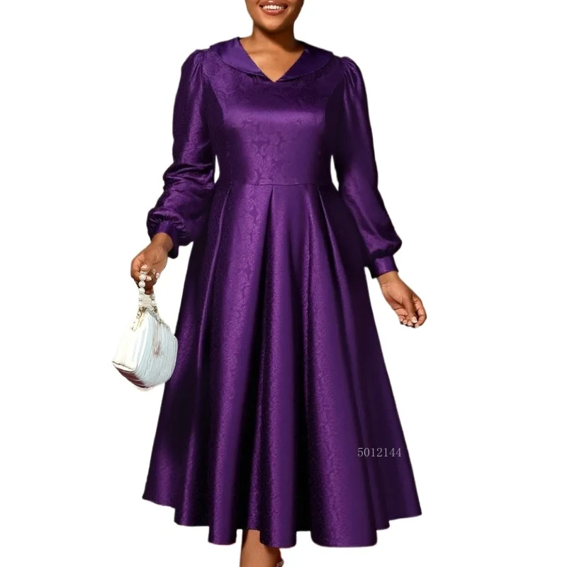 여성 고급스러운 샤이니 자카드 새틴 미디 드레스 턴다운 칼라 랜턴 소매 플리츠 우아한 이브닝 파티 웨딩 게스트 가운