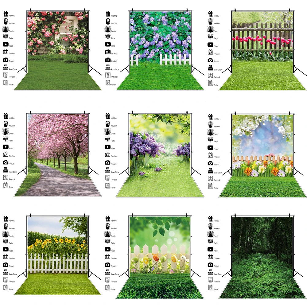 

Laeacco Spring Garden Backdrops for Photographers Green Grass Nature Fence Flower Photography Background Photo Studio Props