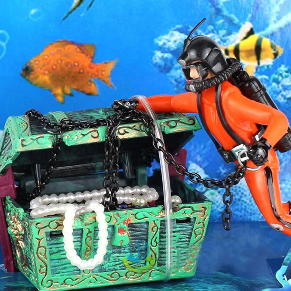 

2pcs Diver Treasure Chest Black Orange Aquarium Ornament Fish Tank Decor Underwater Bubble Effect Safe For Fresh Salt Water Pets
