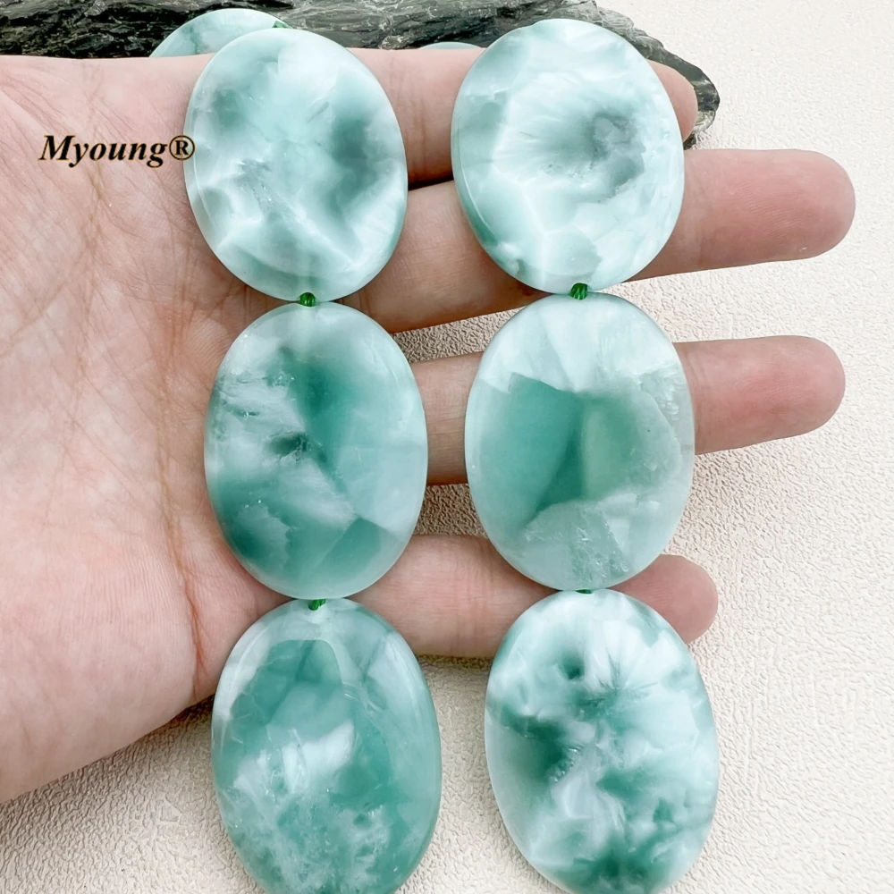 30x40MM 10PCS Large Oval Shape Natural Green Angelite Stone Slice Pendant Beads MY230855