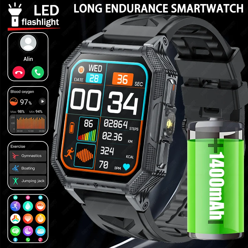 2026 New Outdoor Men's Smart Watch 1400 mAh Large Battery 2.04-inch HD Screen IP68 Waterproof BT Call Smartwatch For IOS Android