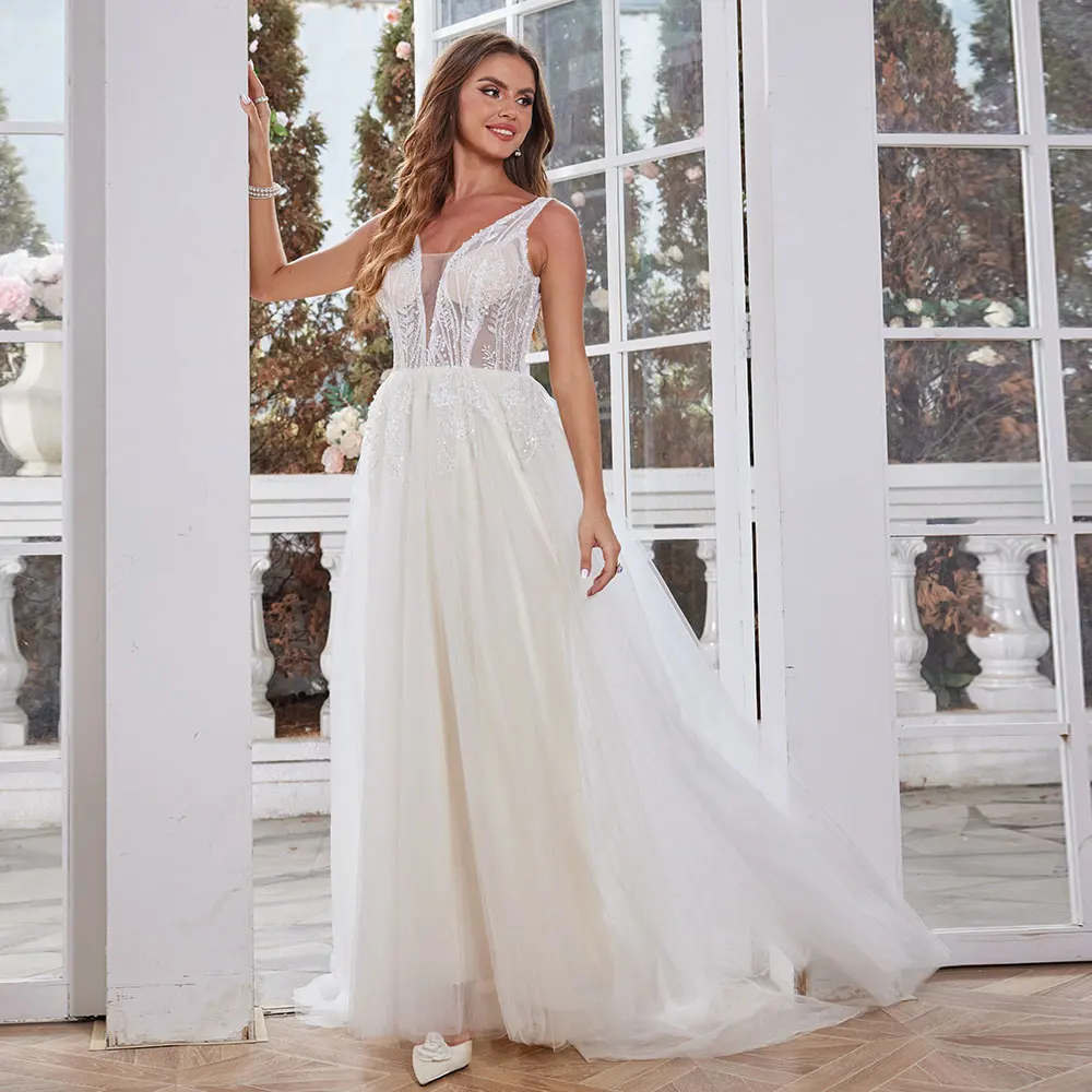 Elegante Tule Kant Trouwjurken Voor Bruid 2024 Lange Spaghettibandjes V-hals Baljurk Voor Vrouwen Backless Bridal Party Gown