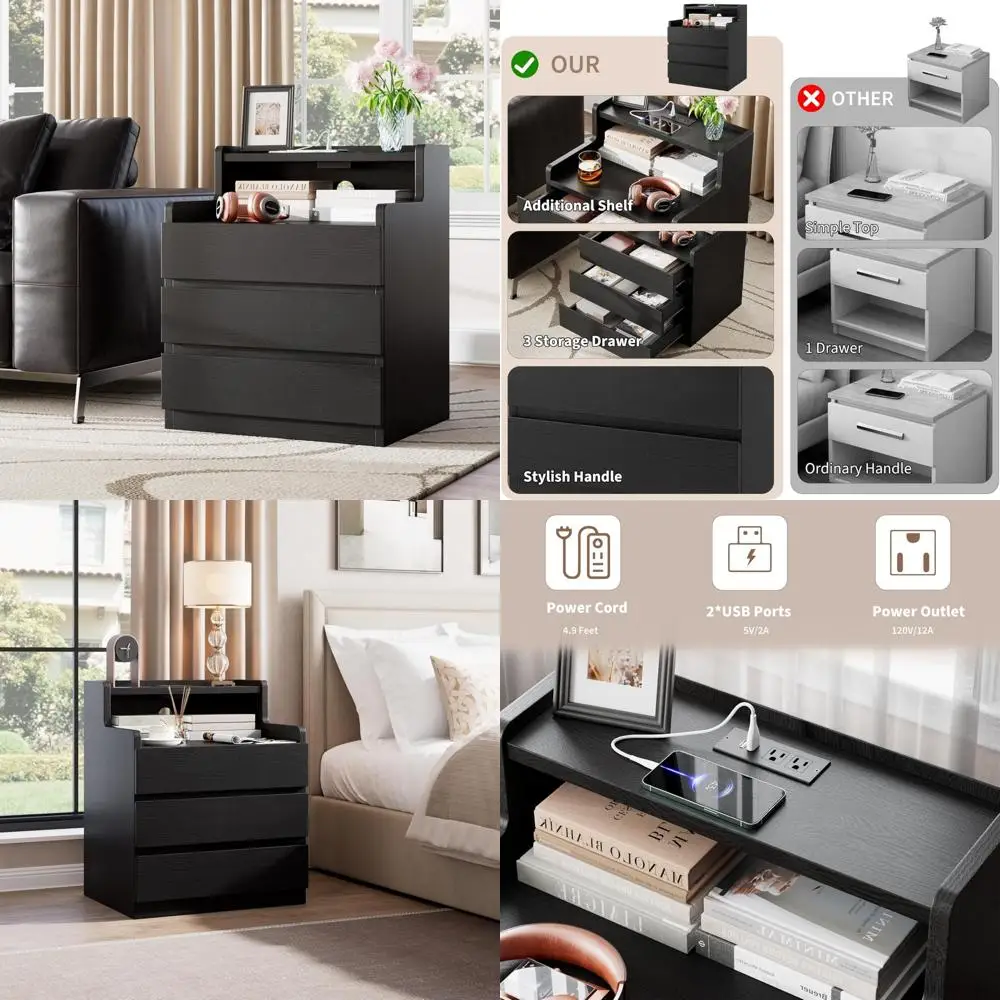 

Modern Black Nightstand with Drawers and Charging Station, 26.8 Storage Upgrade for Bedroom, Sleek End Table with USB Port