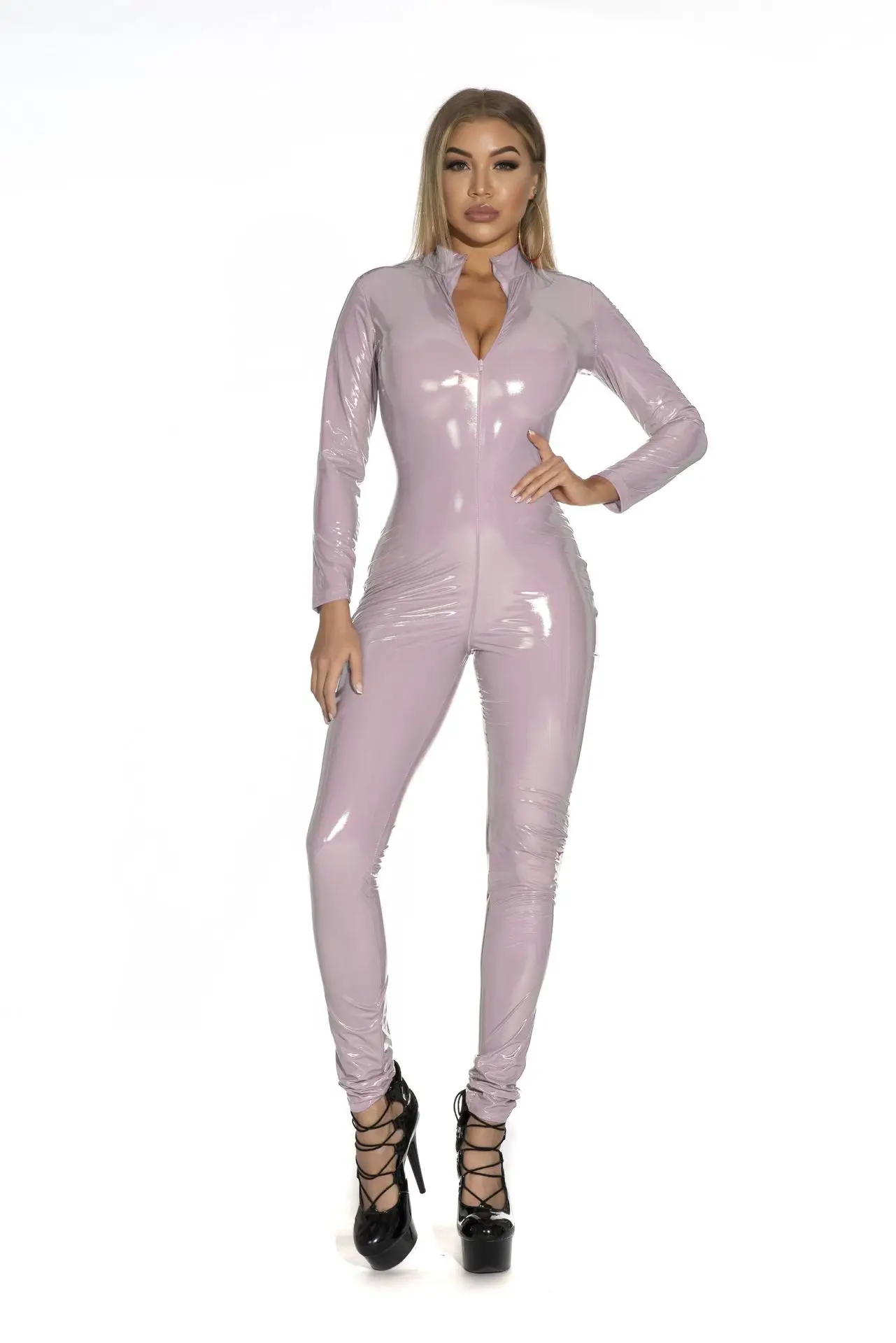 

Sexy Shiny PU Leather Bodysuit Zip Crotch Bodycon Bodysuit Wet Look Patent Stretch Bodysuit Fetish Nightclub Zip Catsuit