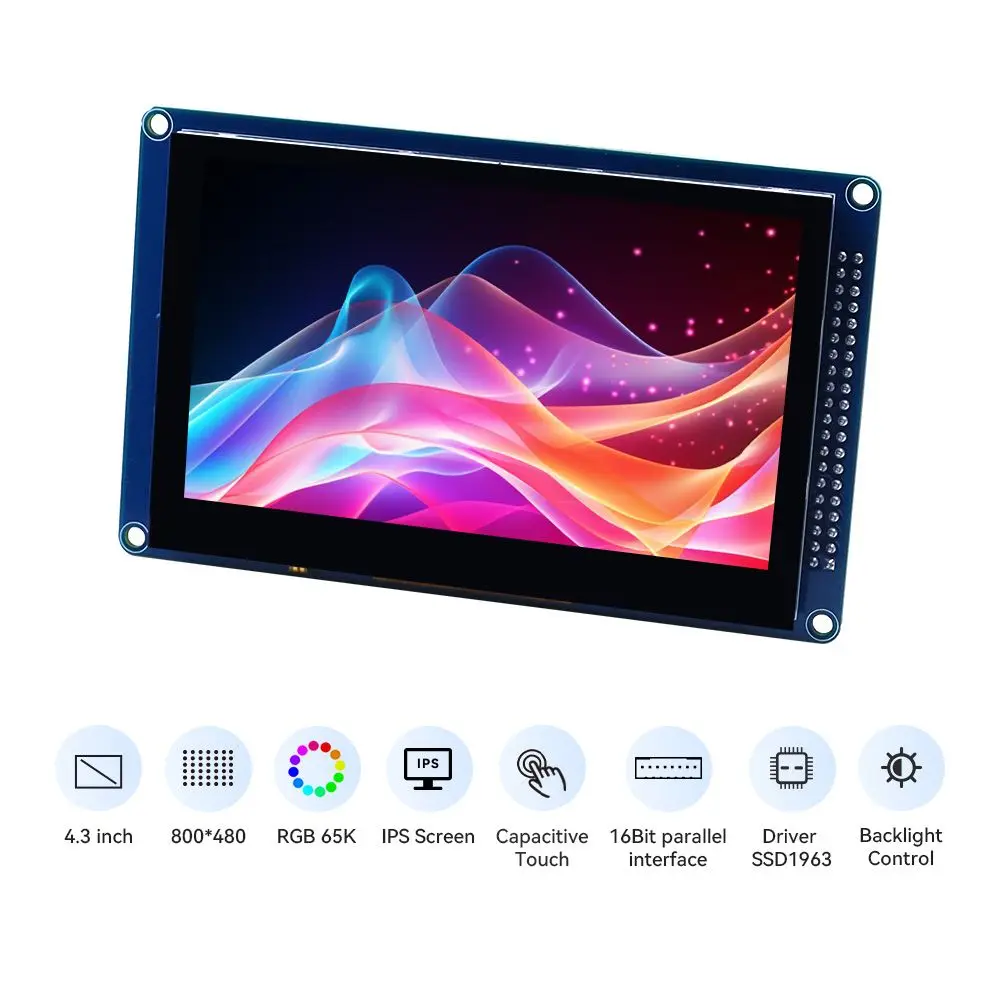 Elecrow 4.3 Inch IPS Touch Display LCD Module 16Bit Parallel Interface 16-Bit RGB 65K Color SSD1963 Driver 800x480 Resolution