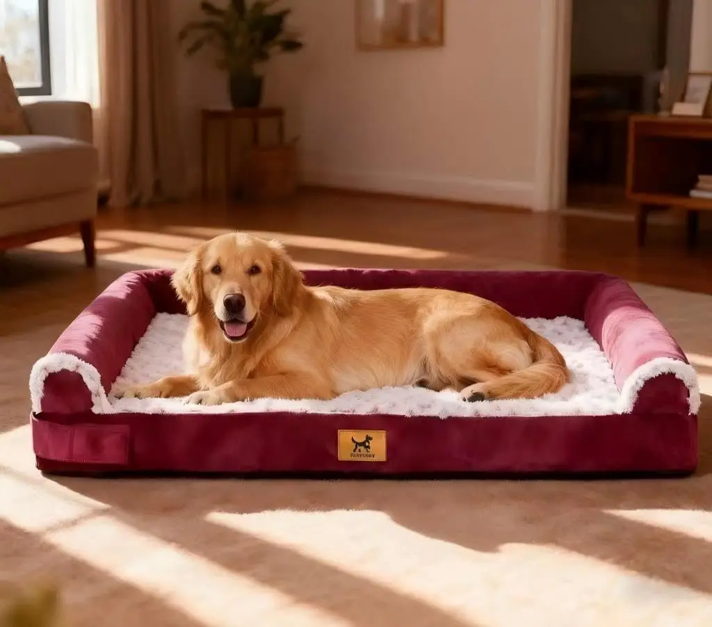 

XL Orthopedic Dog Bed - Breathable Egg-Crate Foam Sofa Couch with Bolster, Water-Resistant Liner & Washable Rose Velvet