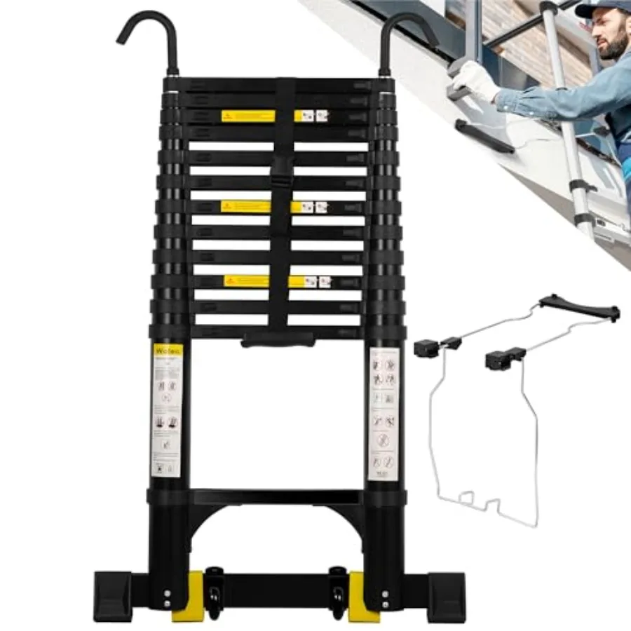 

Телескопическая лестница 17,5 футов, алюминиевая, портативная, с крюками, стабилизаторами и колесами, усиленная, максимальная нагрузка 330 фунтов, черная