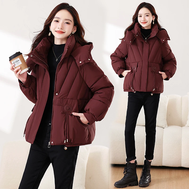 

Women's ort Thiened Winter Cotton Jaet 2025 Korean Sle Durable Warm down Coat Zipper Closure Long Sve Hooded