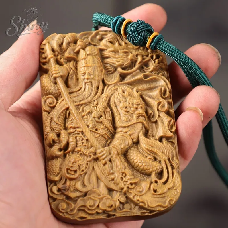 

Vintage Green Sandalwood Wood Carving Horizontal Sword Guan Gong No Matter Card Handle Piece Home Decoration Gift
