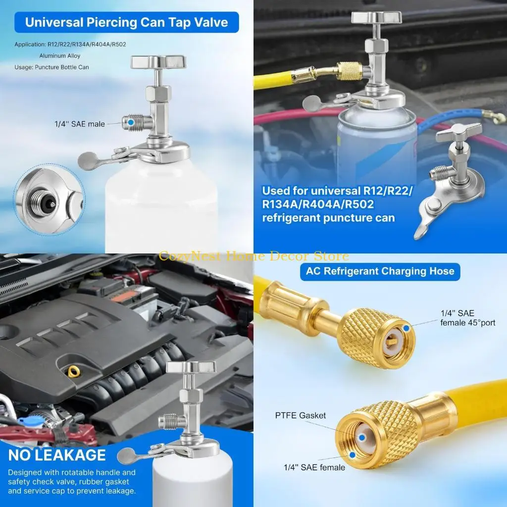 92MF Cooling System Charging Hose Set with Can Tap Valves for R12 R22 R134A R404A