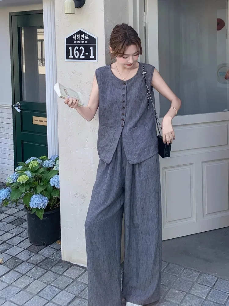 

ay Vest Set Women's Summer 2025 Loose Wide Leg Pants Two Piece Set Lightweight Comfortable Feel High End Maturi Faion