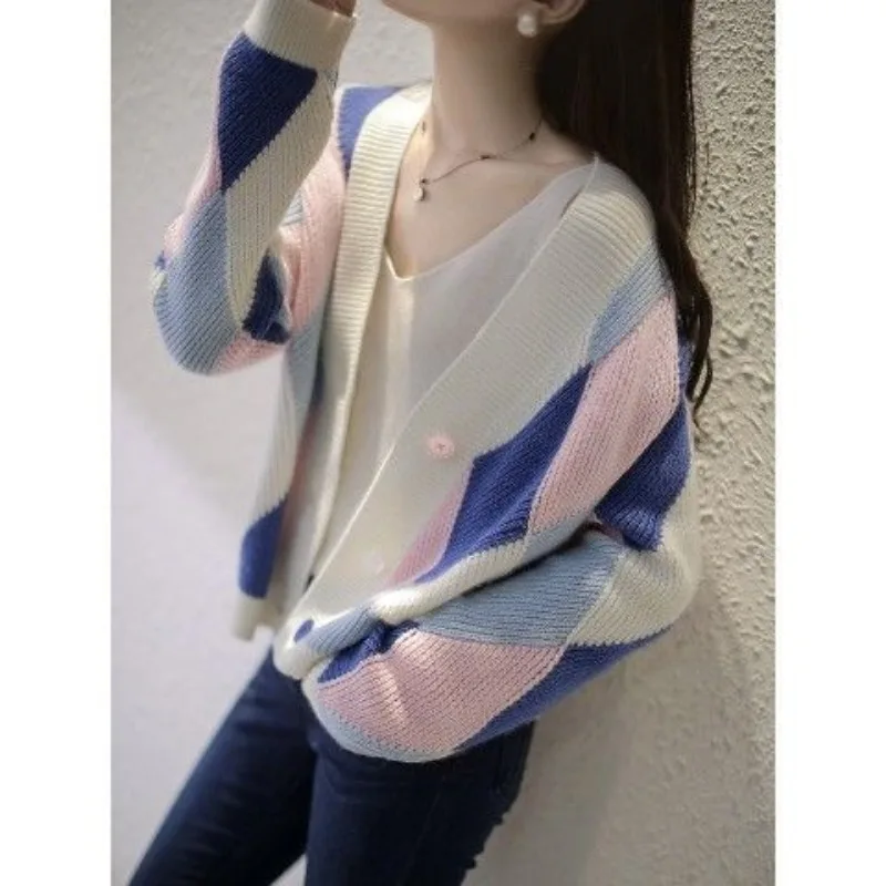 Women Autumn Simplicity Office Lady Color Blocking Long Sleeve Cardigan Coat Women Clothes Fashion All-match Loose Knitwear