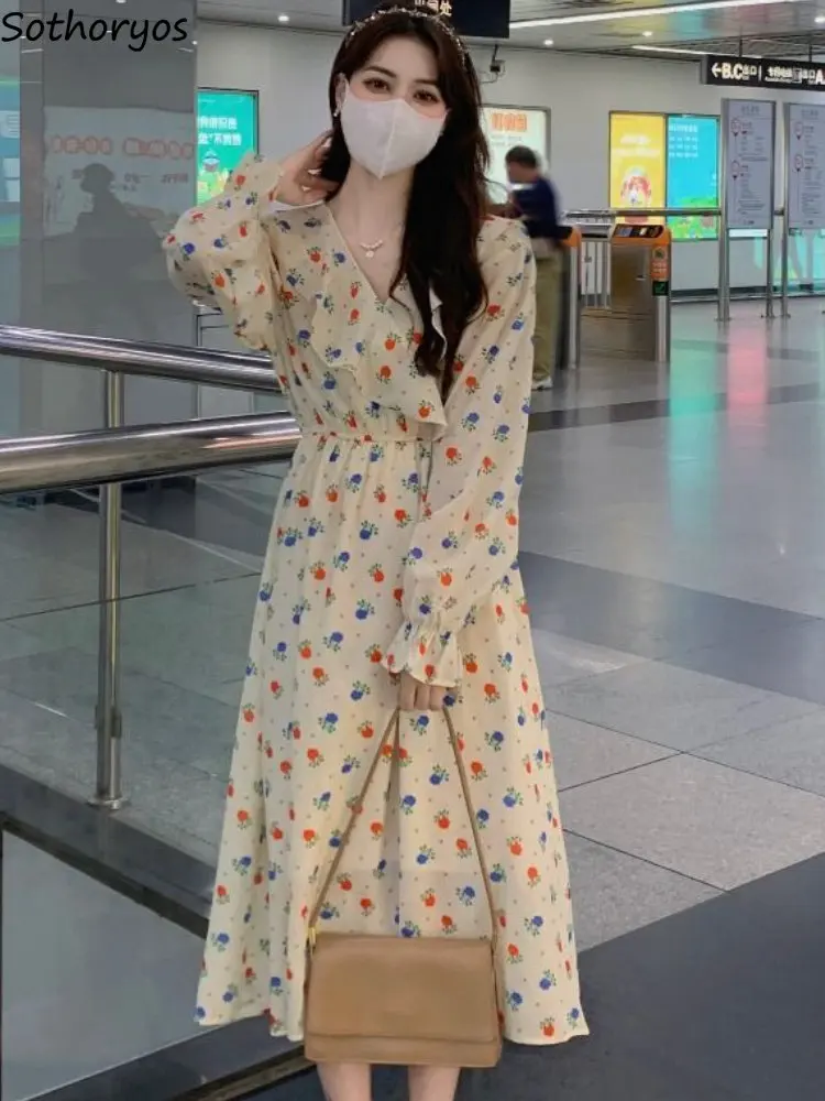 

Dresses Women Floral Tender Temperament Daily Casual Empire Ruffles Stylish Ulzzang Ladies Midi Vestidos Ins Spring Simple Sweet