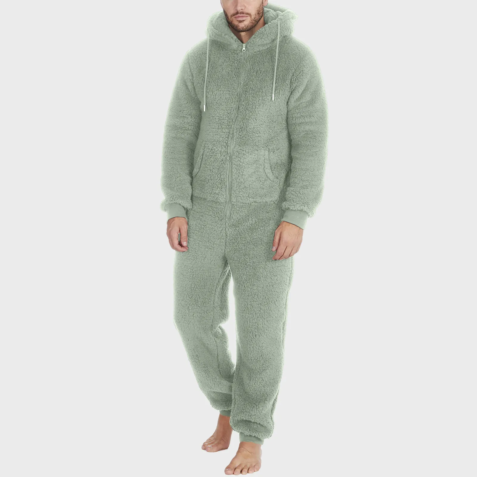 Winter Men Artificial Wool Jumpsuit Pajamas Fleece Warm Men Drawstring Bodysuit Sleepwear Solid Color Zipper Loose Hooded