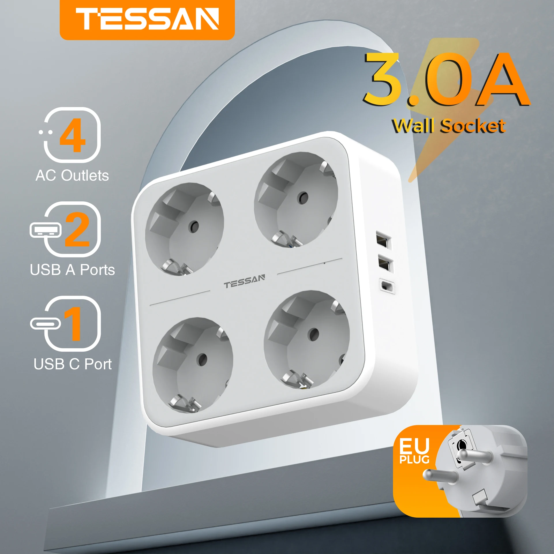 TESSAN EU Mulitple Wall Socket with On/Off Switch 4 AC Outlets 3 USB Charging Ports 5V 2.4A Power Strip Overload Protection