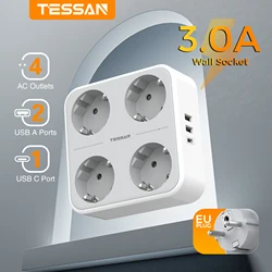 TESSAN-EU Tomada de Parede Múltipla com Interruptor Ligado e Desligado, Proteção Contra Sobrecarga Power Strip, 3 Portas de Carregamento USB, 4 Tomadas AC, 5V, 2.4A