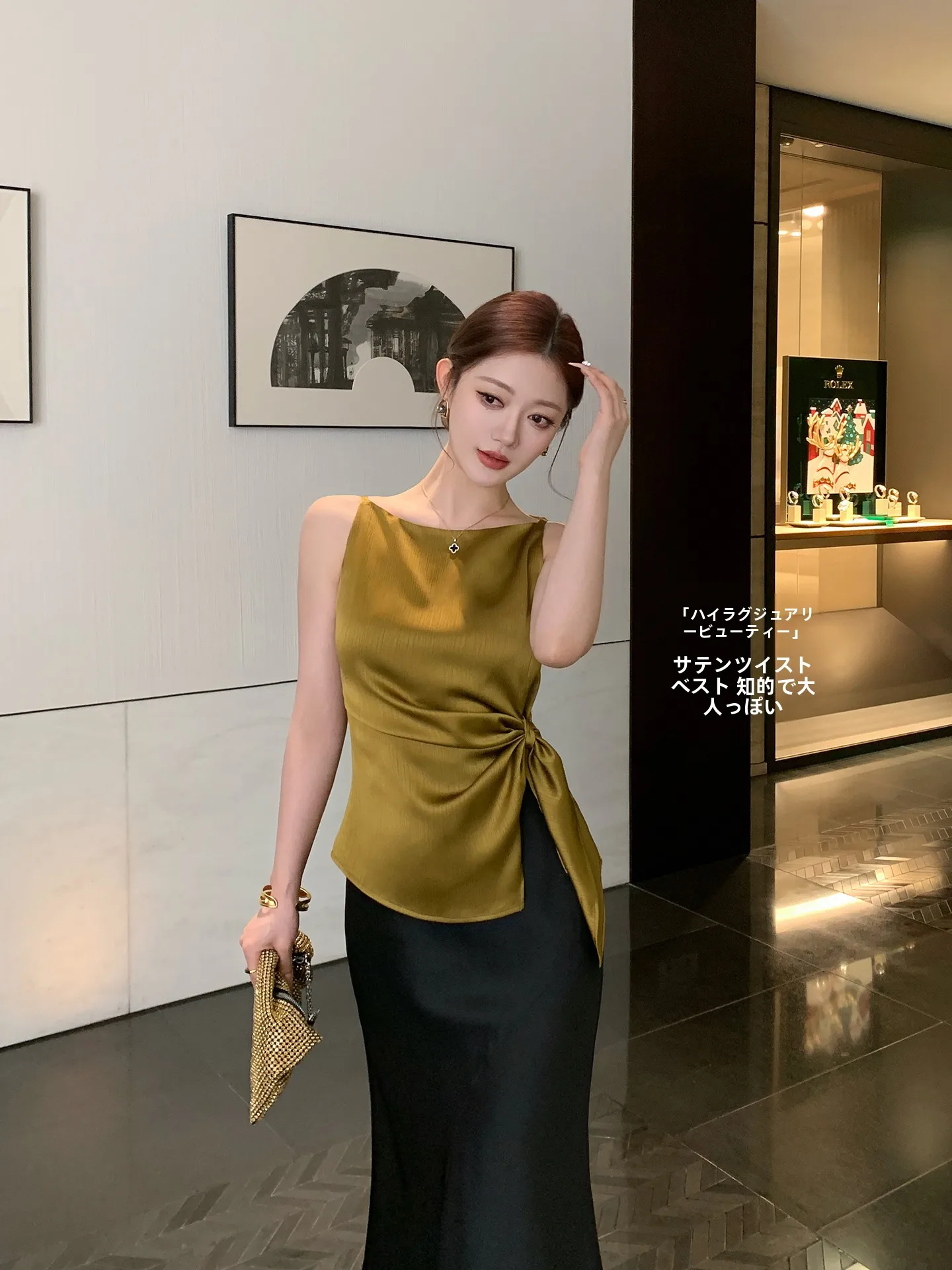 

Золотистый атласный топ без рукавов с завязками, приталенный, для офиса, летний, женский, модный, деловой повседневный, с круглым вырезом