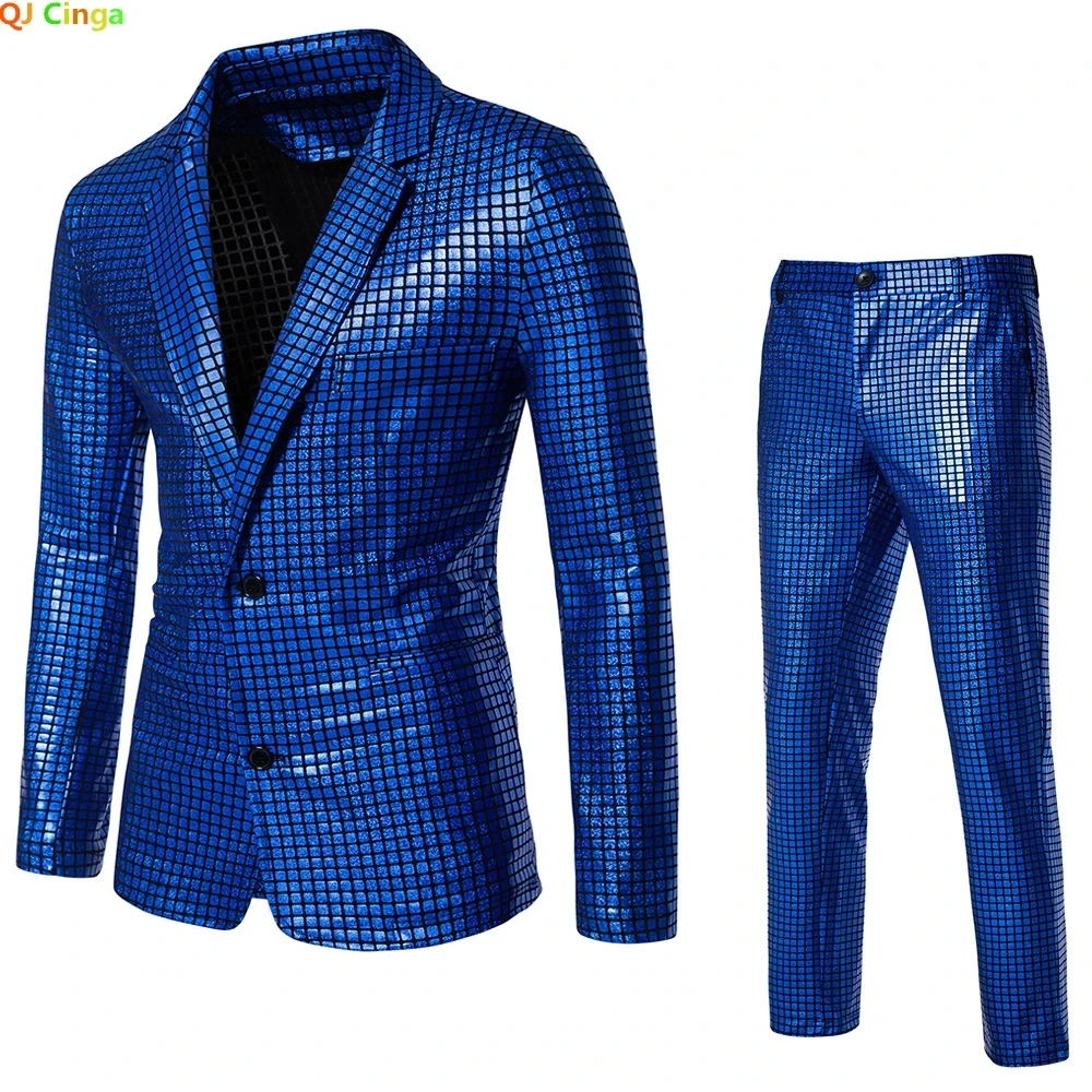 2026 Rainbow Color Men\'s Striped Suit Two-Piece, Fashion Suit Jacket and Pants, Green Silver Sets (Light Thin Stretch Fabrics)