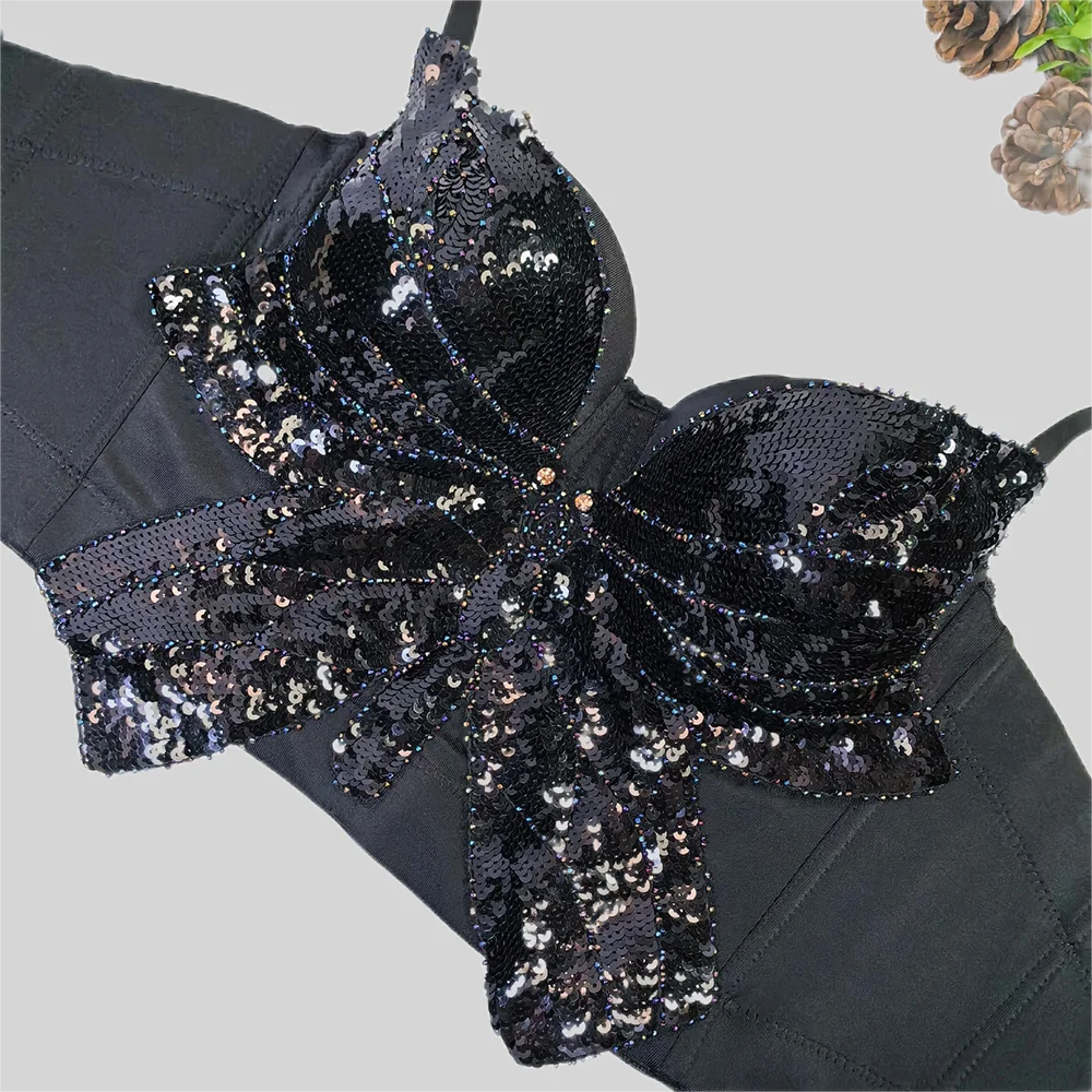 IRENE TINNIE 2024 Fashion Short Crop Top Beading 3D Bow Bustiers Sexy Corset Fashion Black Tank Top Women Binder Corset Bra