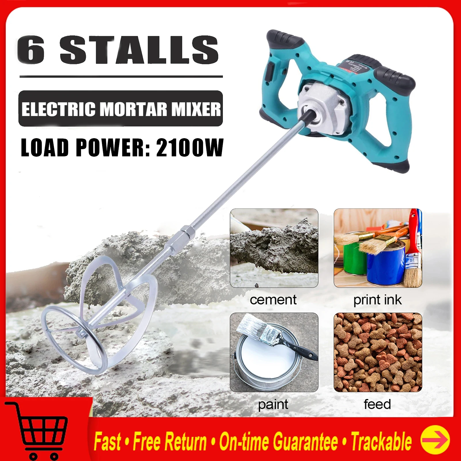 Mezcladora eléctrica portátil de 2100 W para barro, mezcladora de pintura con 6 velocidades ajustables para mortero, cemento y lechada, herramienta de mezcla manual para la construcción.