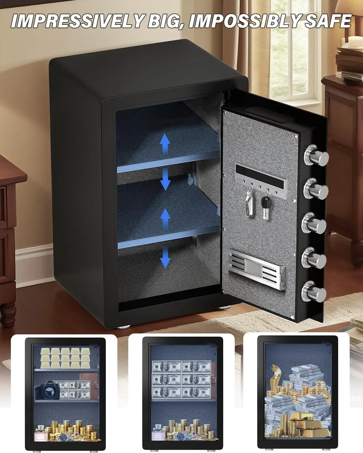 2.5 Cub Biometric Safe Box, Fingerprint Safe with Fireproof Waterproof Bag, Security Safes with Backlit Touch Screen Keypad, Dua