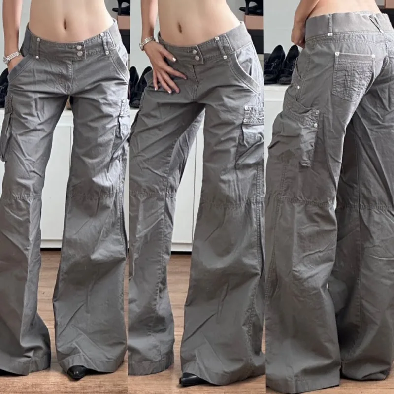 American street style multi-pocket tooling casual pants low waist splicing casual gray women's straight jeans