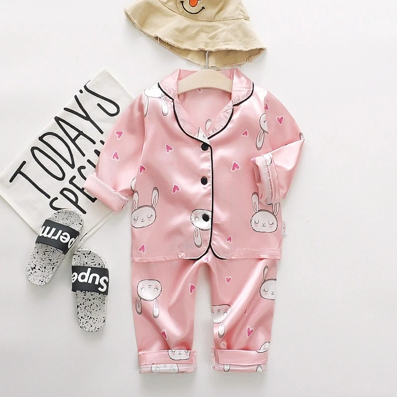 Seiden-Satin-Pyjama-Sets für Kleinkinder, Cartoon-Pyjamas für Kinder, Jungen-Schlafanzug, Baby-Schlafanzug, Mädchen-Freizeitkleidung für Zuhause, Jungen-Loungewear – Detail 3